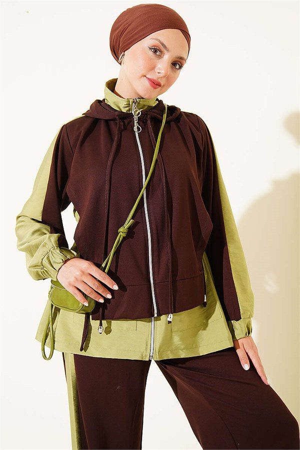 Hooded Collar Trimmed Two-Piece Set in Coffee Brown