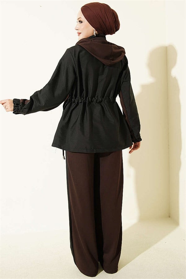 Hooded Collar Trimmed 2 Piece Set in Coffee and Black