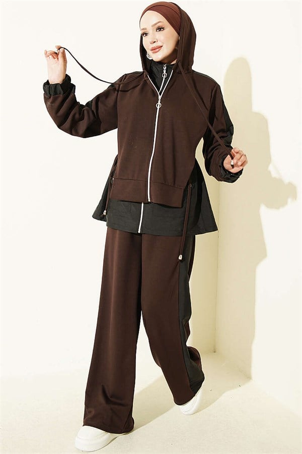 Hooded Collar Trimmed 2 Piece Set in Coffee and Black