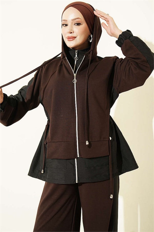 Hooded Collar Trimmed 2 Piece Set in Coffee and Black