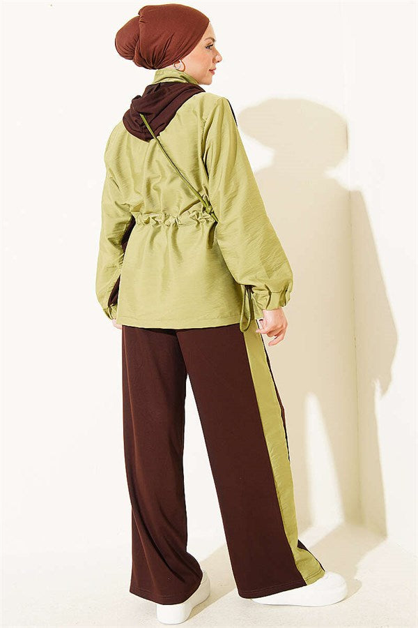 Hooded Collar Trimmed Two-Piece Set in Coffee Brown