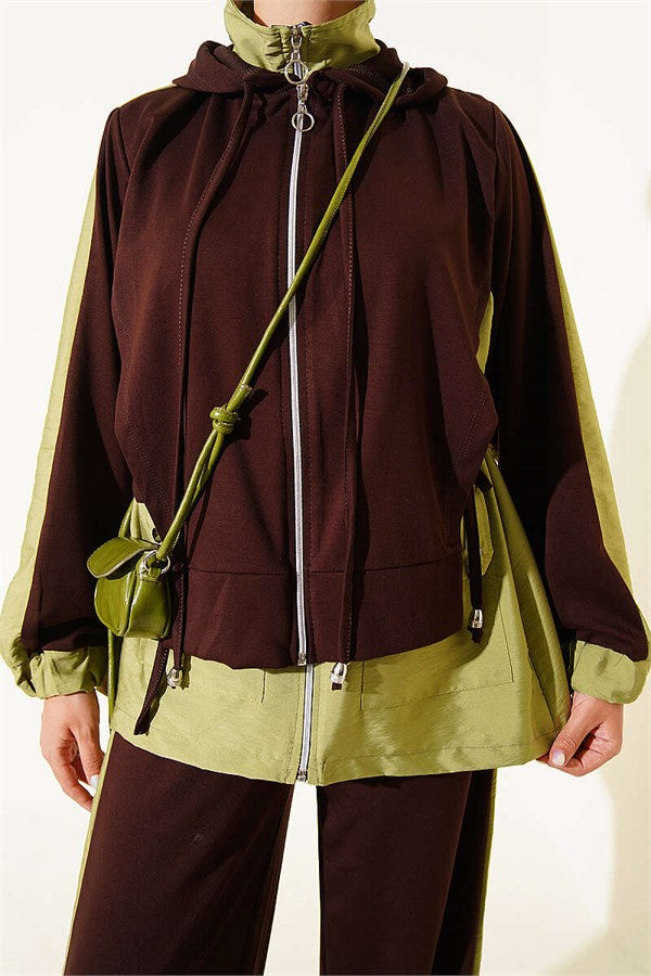 Hooded Collar Trimmed Two-Piece Set in Coffee Brown