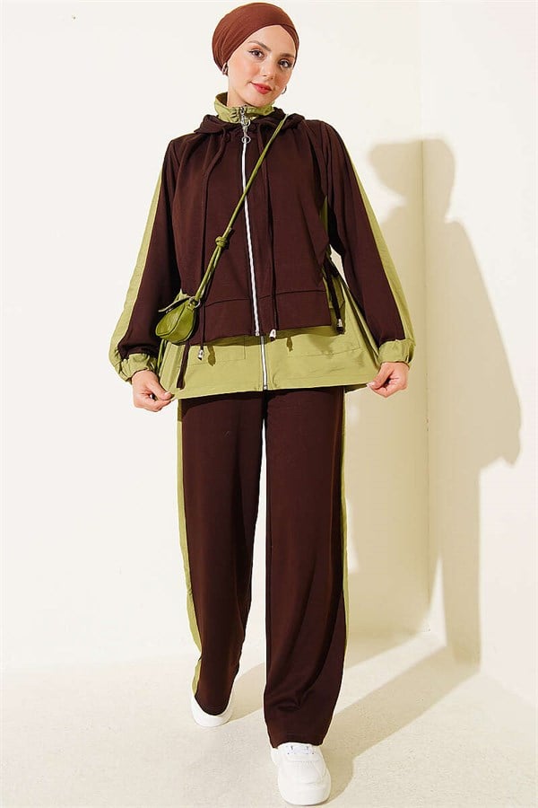 Hooded Collar Trimmed Two-Piece Set in Coffee Brown