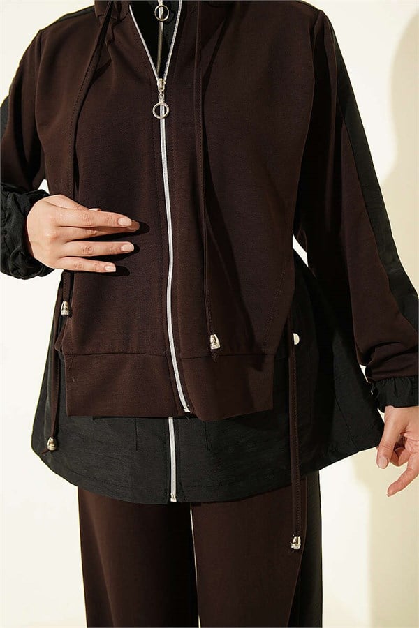 Hooded Collar Trimmed 2 Piece Set in Coffee and Black