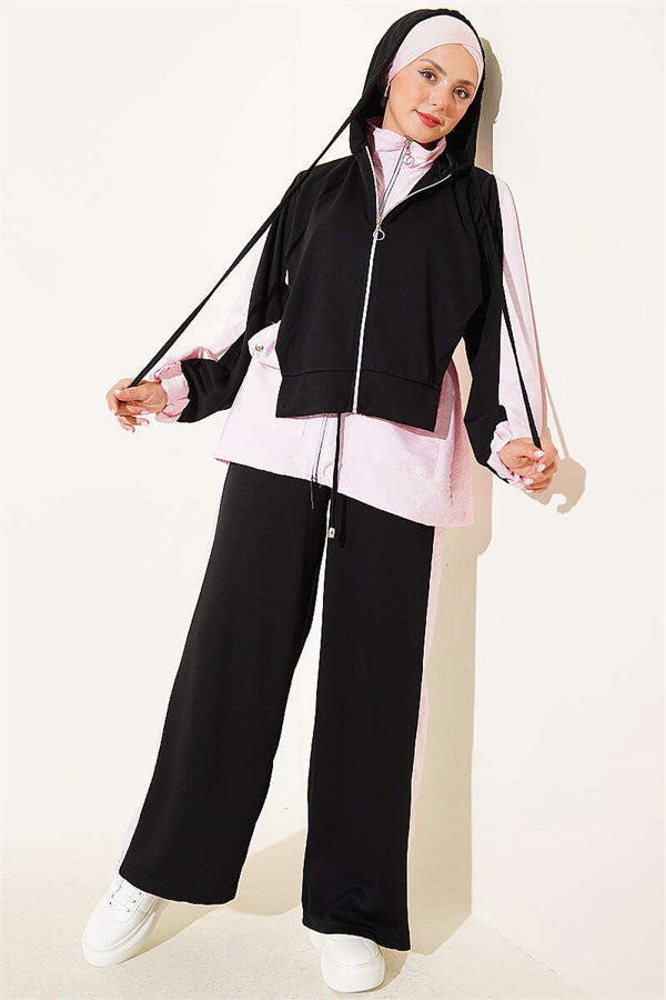 Hooded Collar Trimmed Two-Piece Set, Black
