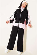 Hooded Collar Trimmed Two-Piece Set, Black