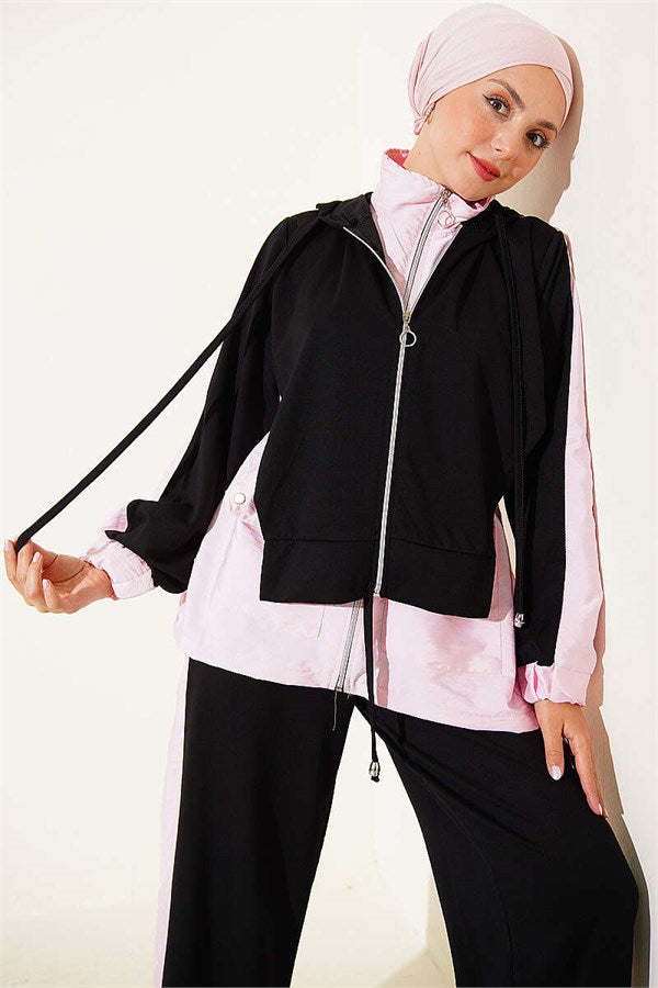 Hooded Collar Trimmed Two-Piece Set, Black
