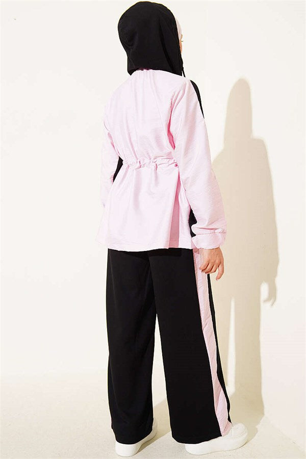 Hooded Collar Trimmed Two-Piece Set, Black