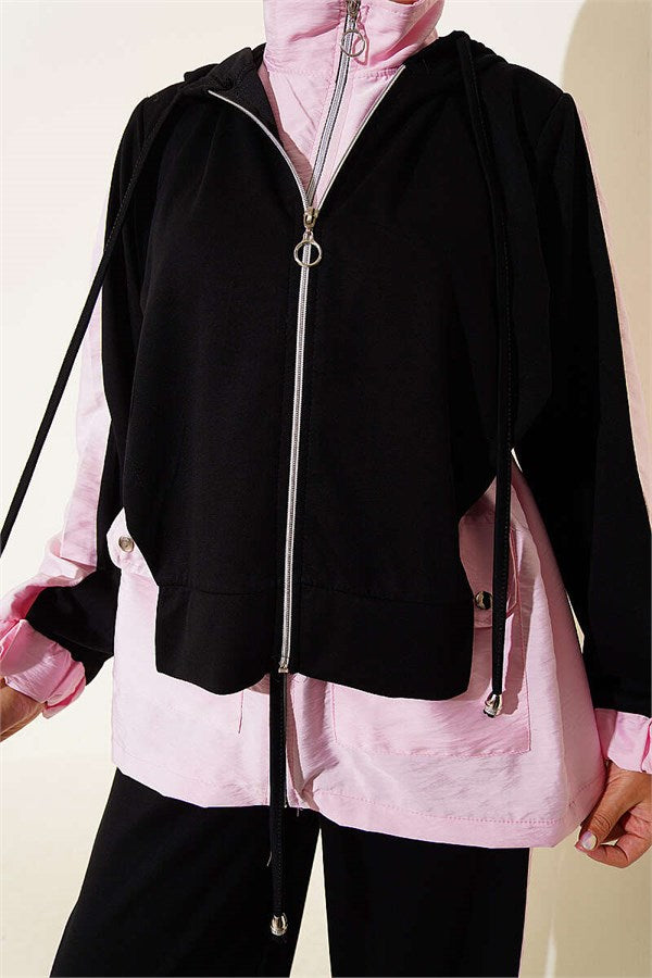 Hooded Collar Trimmed Two-Piece Set, Black