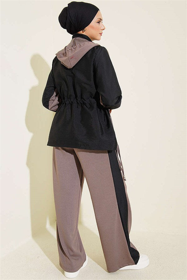 Hooded Collar Trimmed Two-Piece Set in Mink and Black
