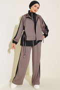 Hooded Collar Trimmed Two-Piece Set in Mink and Black