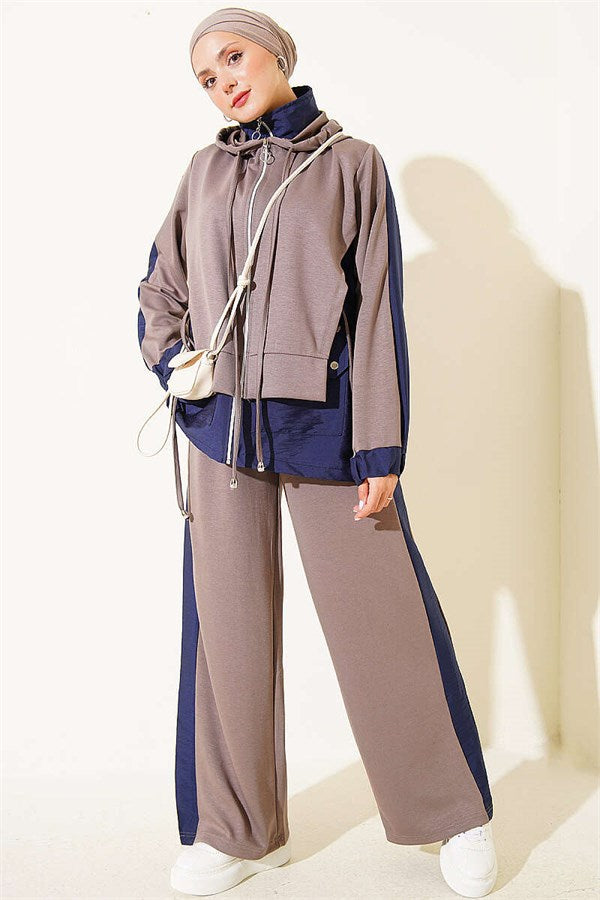 Hooded Collar Trimmed Two-Piece Set in Mink Color