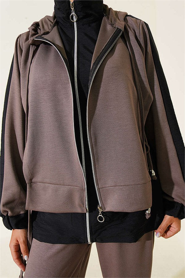 Hooded Collar Trimmed Two-Piece Set in Mink and Black