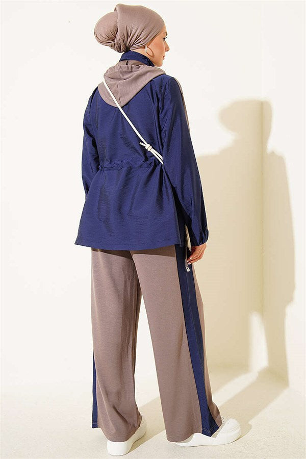 Hooded Collar Trimmed Two-Piece Set in Mink Color