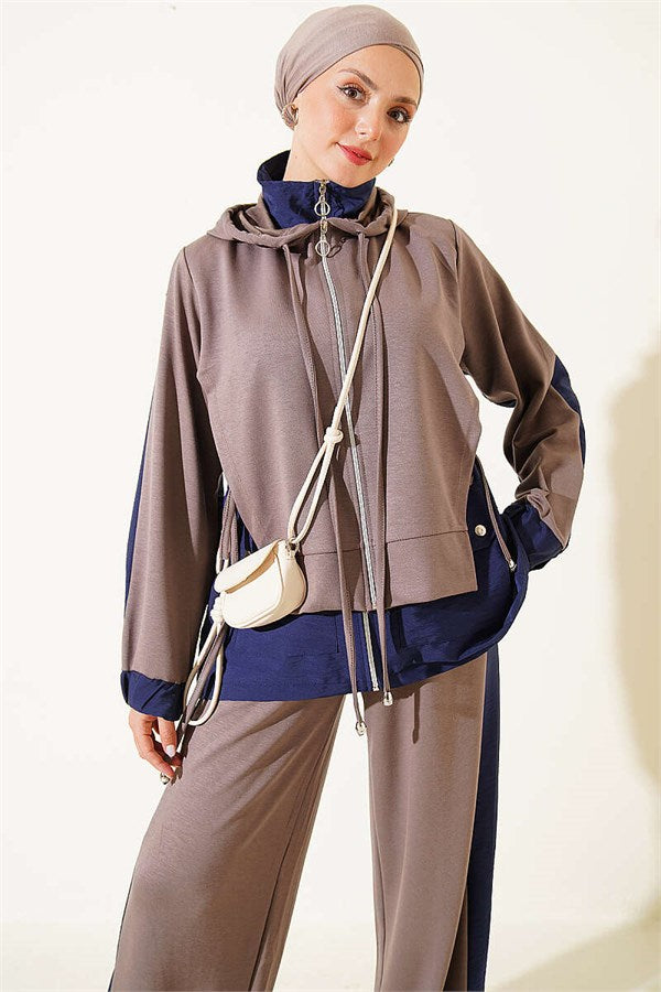 Hooded Collar Trimmed Two-Piece Set in Mink Color