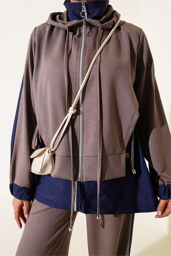 Hooded Collar Trimmed Two-Piece Set in Mink Color