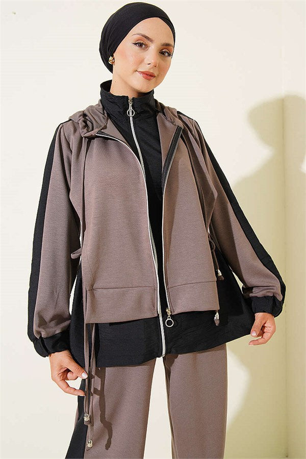Hooded Collar Trimmed Two-Piece Set in Mink and Black