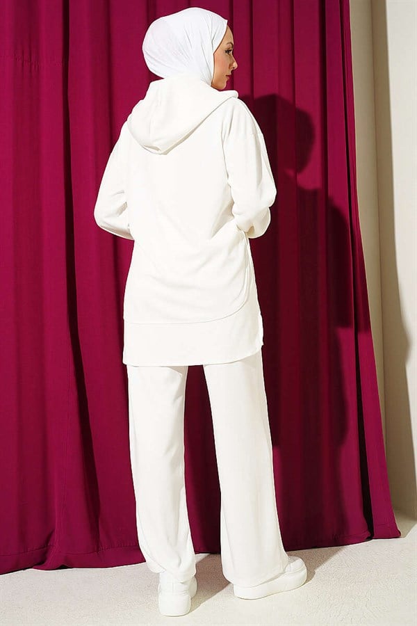 Hooded Half-Buttoned Loysa 2 Piece Set, Ecru