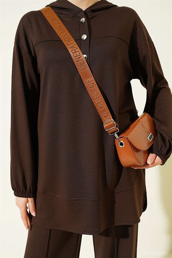 Hooded Half-Buttoned Loisha 2 Piece Set in Coffee