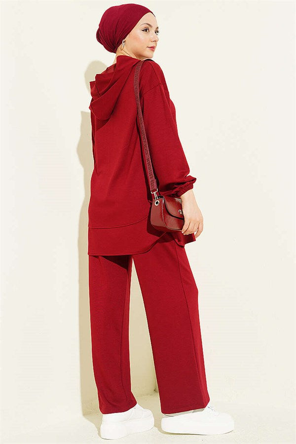 Hooded Half-Buttoned Loysa 2 Piece Set in Burgundy