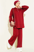 Hooded Half-Buttoned Loysa 2 Piece Set in Burgundy