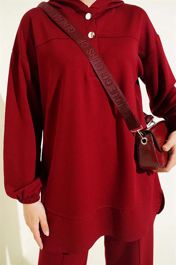 Hooded Half-Buttoned Loysa 2 Piece Set in Burgundy
