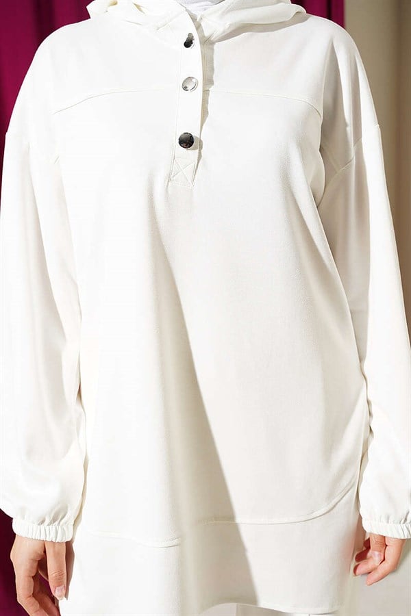 Hooded Half-Buttoned Loysa 2 Piece Set, Ecru