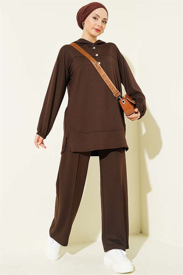 Hooded Half-Buttoned Loisha 2 Piece Set in Coffee