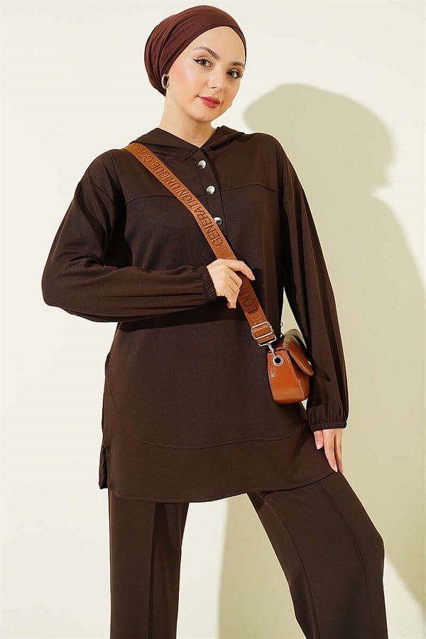 Hooded Half-Buttoned Loisha 2 Piece Set in Coffee