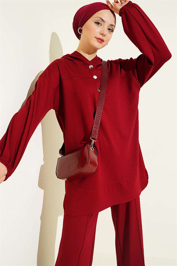 Hooded Half-Buttoned Loysa 2 Piece Set in Burgundy