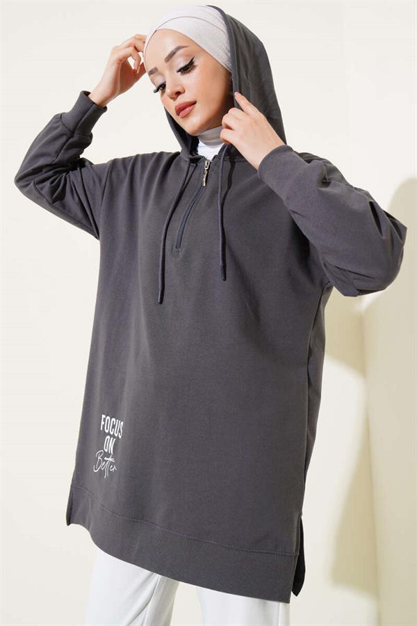 Hooded Half Zipper Printed Tunic Smoke