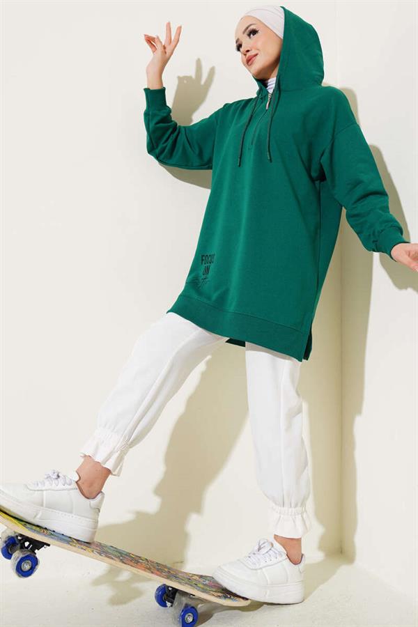 Half Zipper Hooded Printed Tunic Green