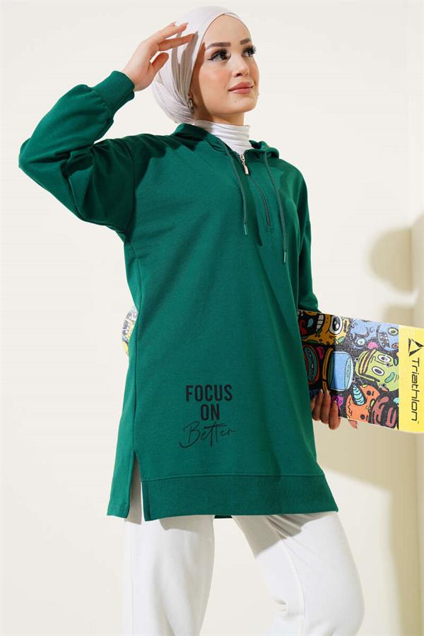 Half Zipper Hooded Printed Tunic Green