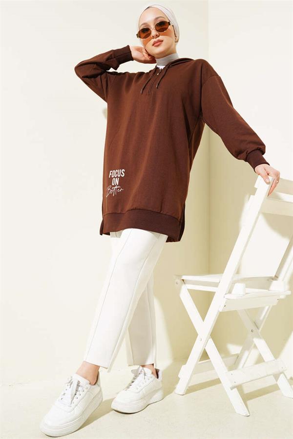 Half Zipper Hooded Printed Tunic Brown