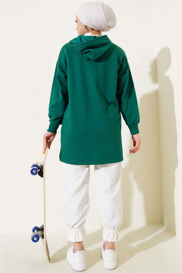 Half Zipper Hooded Printed Tunic Green