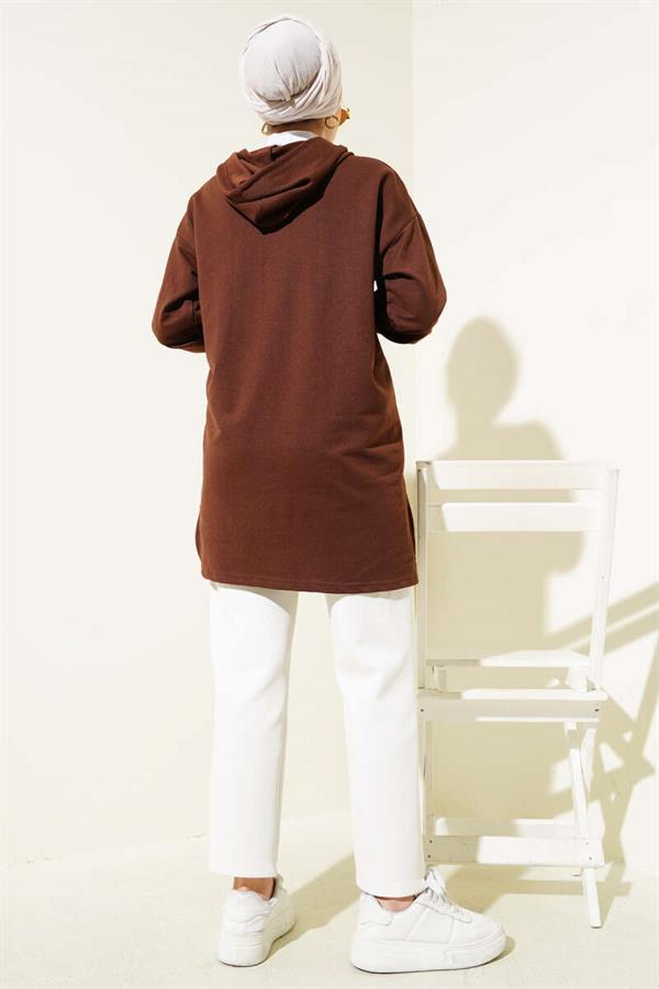 Half Zipper Hooded Printed Tunic Brown