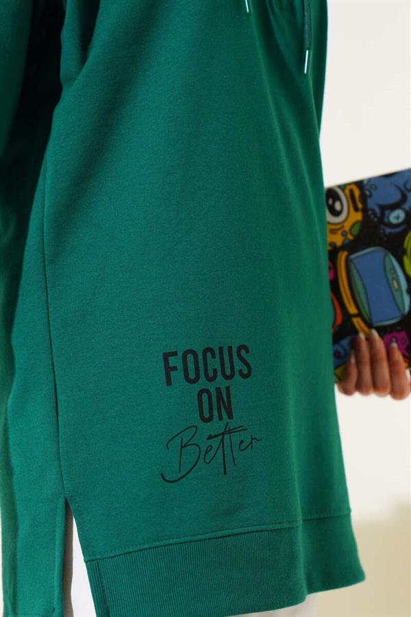 Half Zipper Hooded Printed Tunic Green