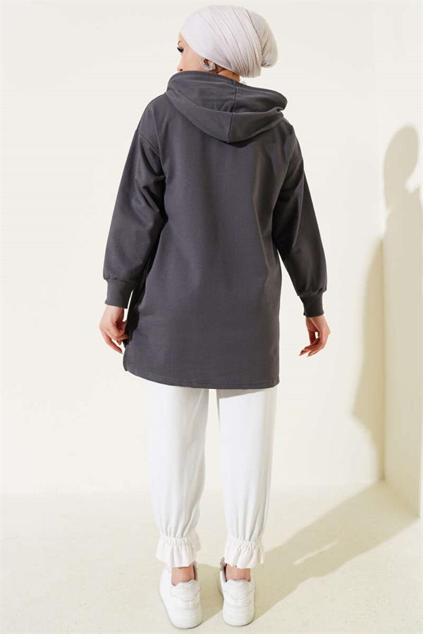 Hooded Half Zipper Printed Tunic Smoke