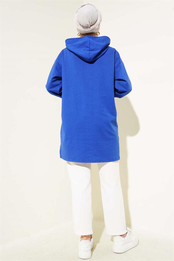 Hooded Half Zipper Printed Tunic Saxe