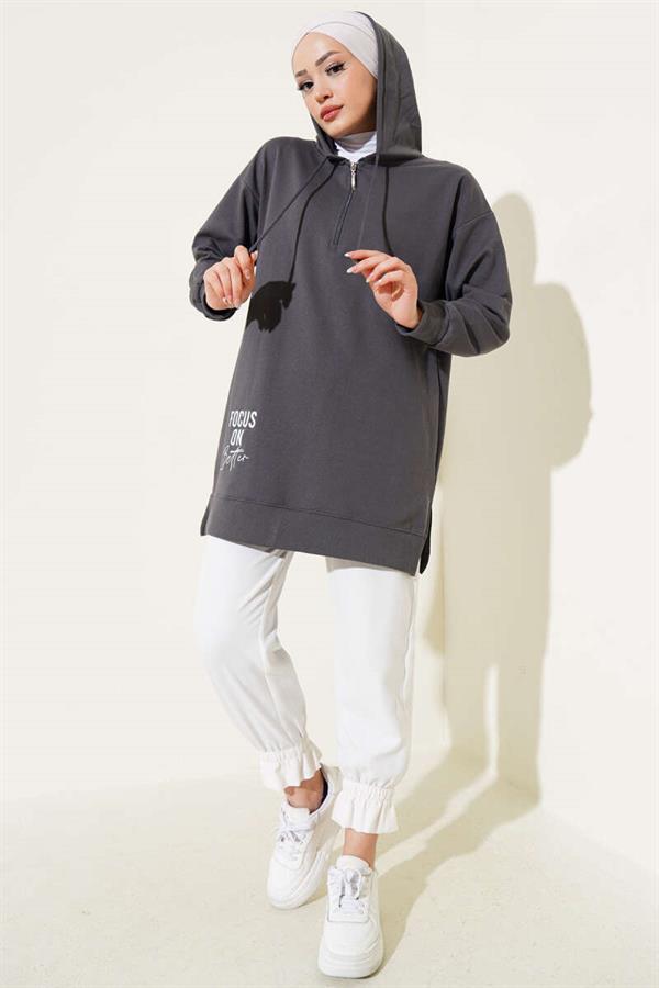 Hooded Half Zipper Printed Tunic Smoke