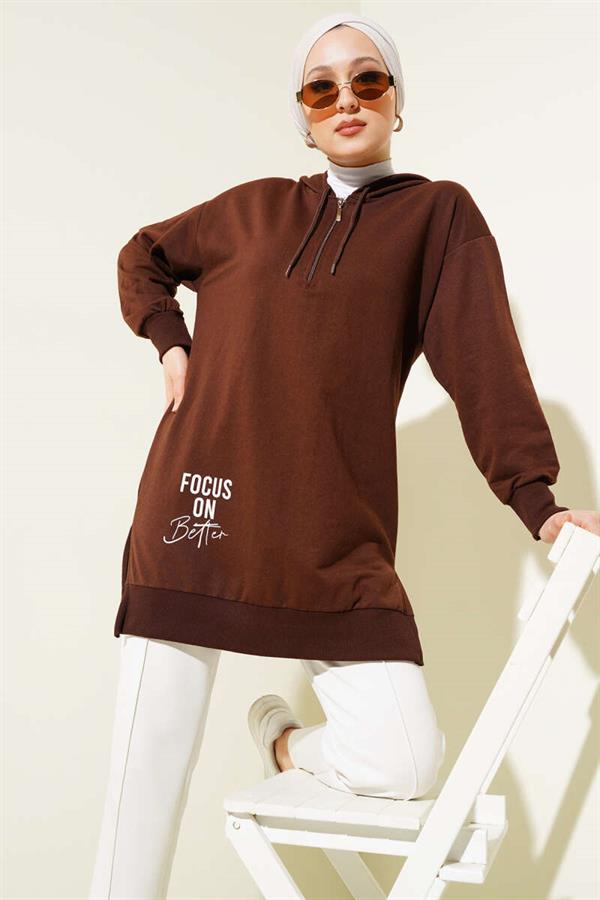 Half Zipper Hooded Printed Tunic Brown