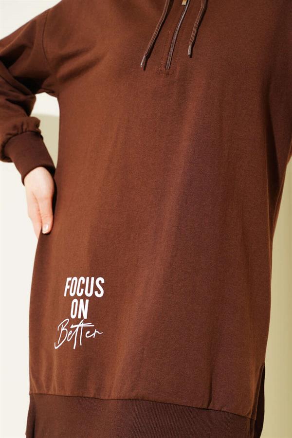 Half Zipper Hooded Printed Tunic Brown
