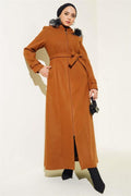 Fur Hooded Zippered Long Cashmere Coat Tan