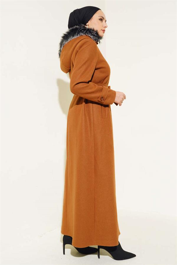 Fur Hooded Zippered Long Cashmere Coat Tan