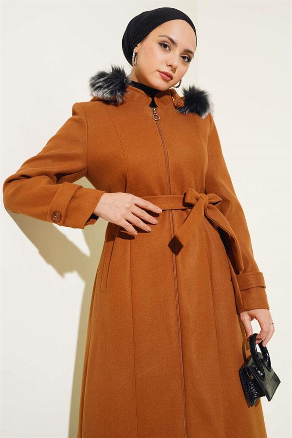 Fur Hooded Zippered Long Cashmere Coat Tan
