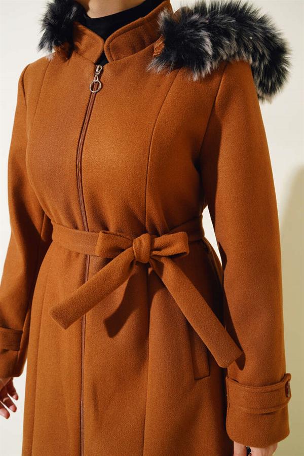 Fur Hooded Zippered Long Cashmere Coat Tan