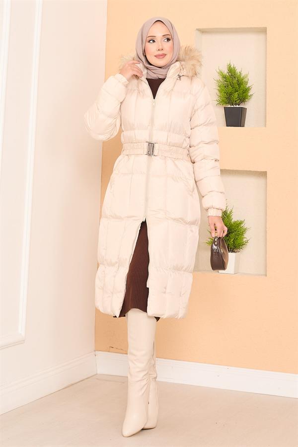 Fur Hooded Removable Belted Puffer Coat Beige