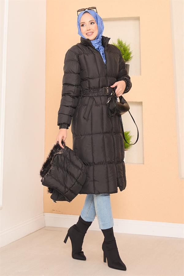 Fur Hooded Removable Belted Puffer Jacket Black