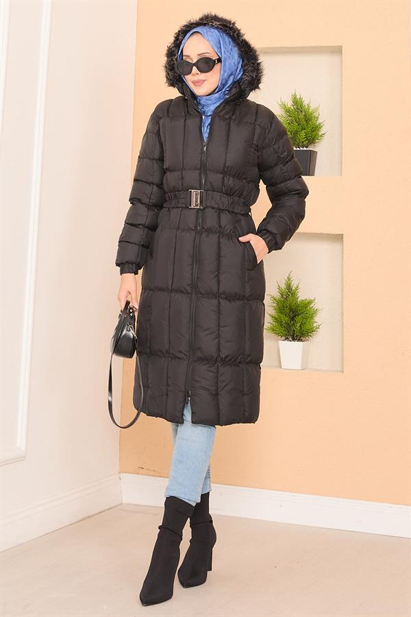 Fur Hooded Removable Belted Puffer Jacket Black