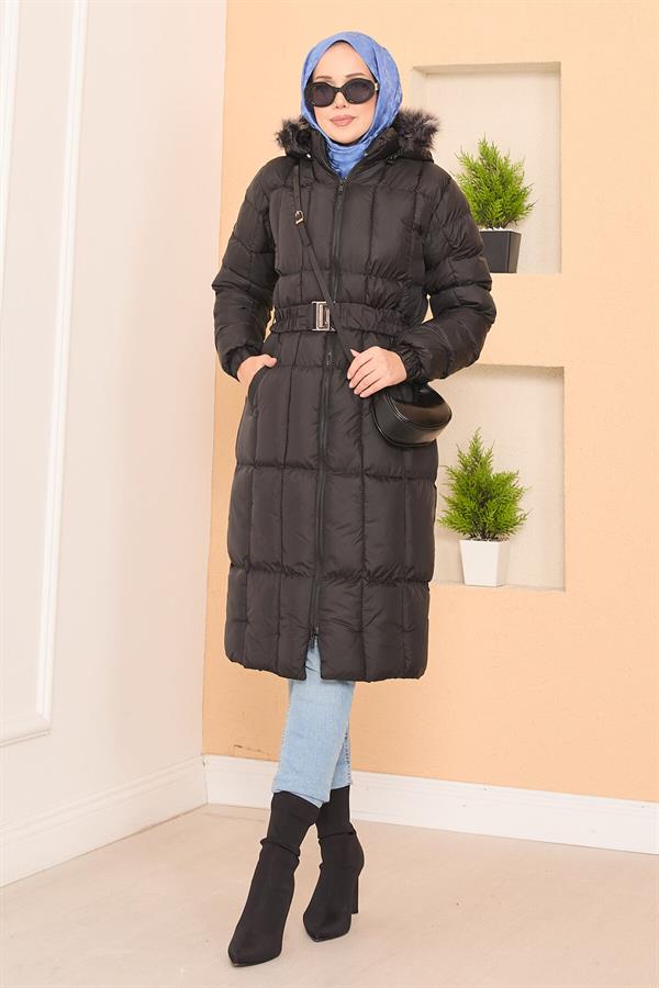 Fur Hooded Removable Belted Puffer Jacket Black